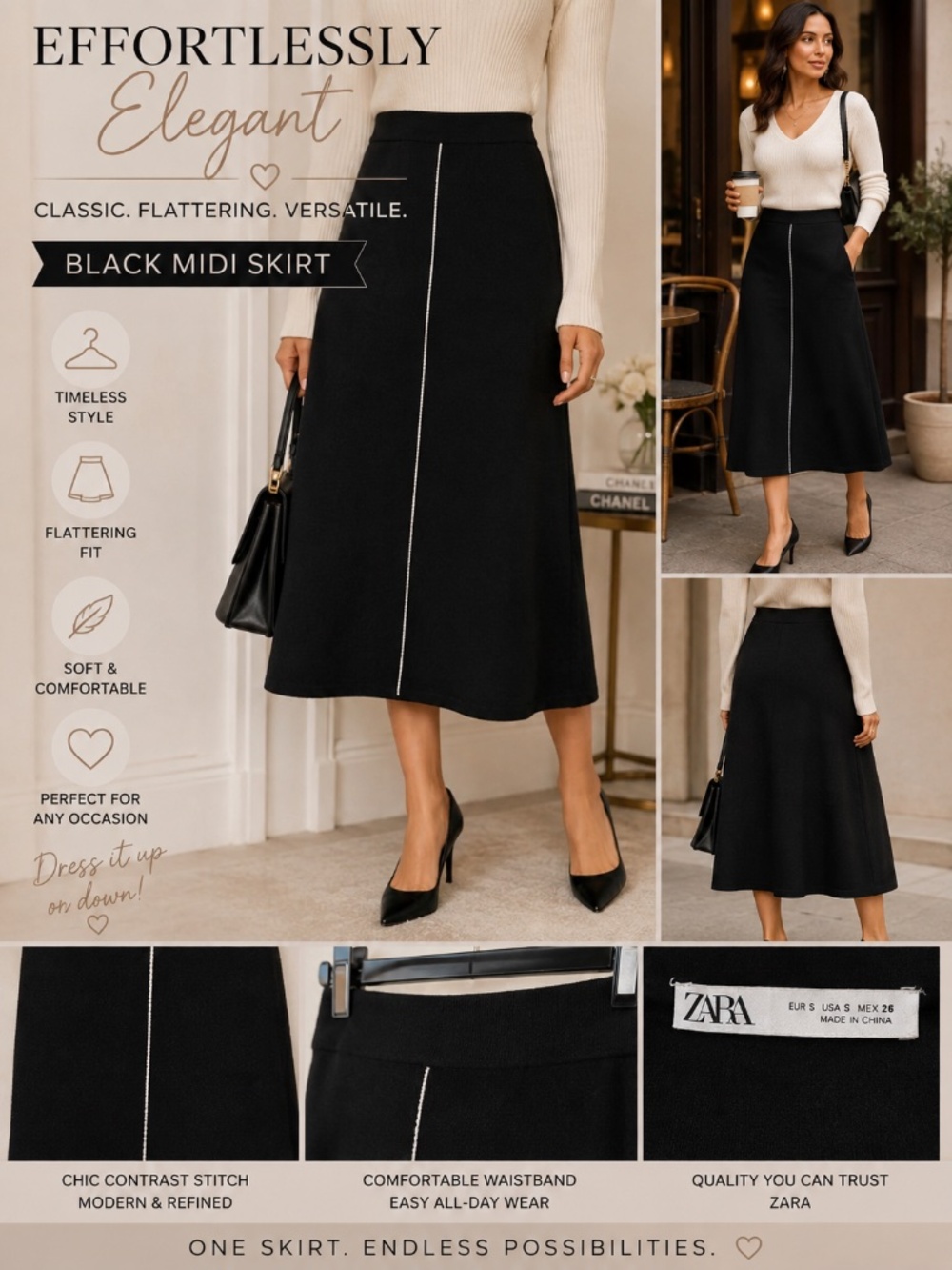 Zara Black A-Line Midi Skirt Contrast Stitch Size Small